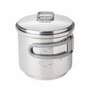 Compact 585ml stainless steel camping pot with lid and foldable heat-resistant handles for outdoor cooking.