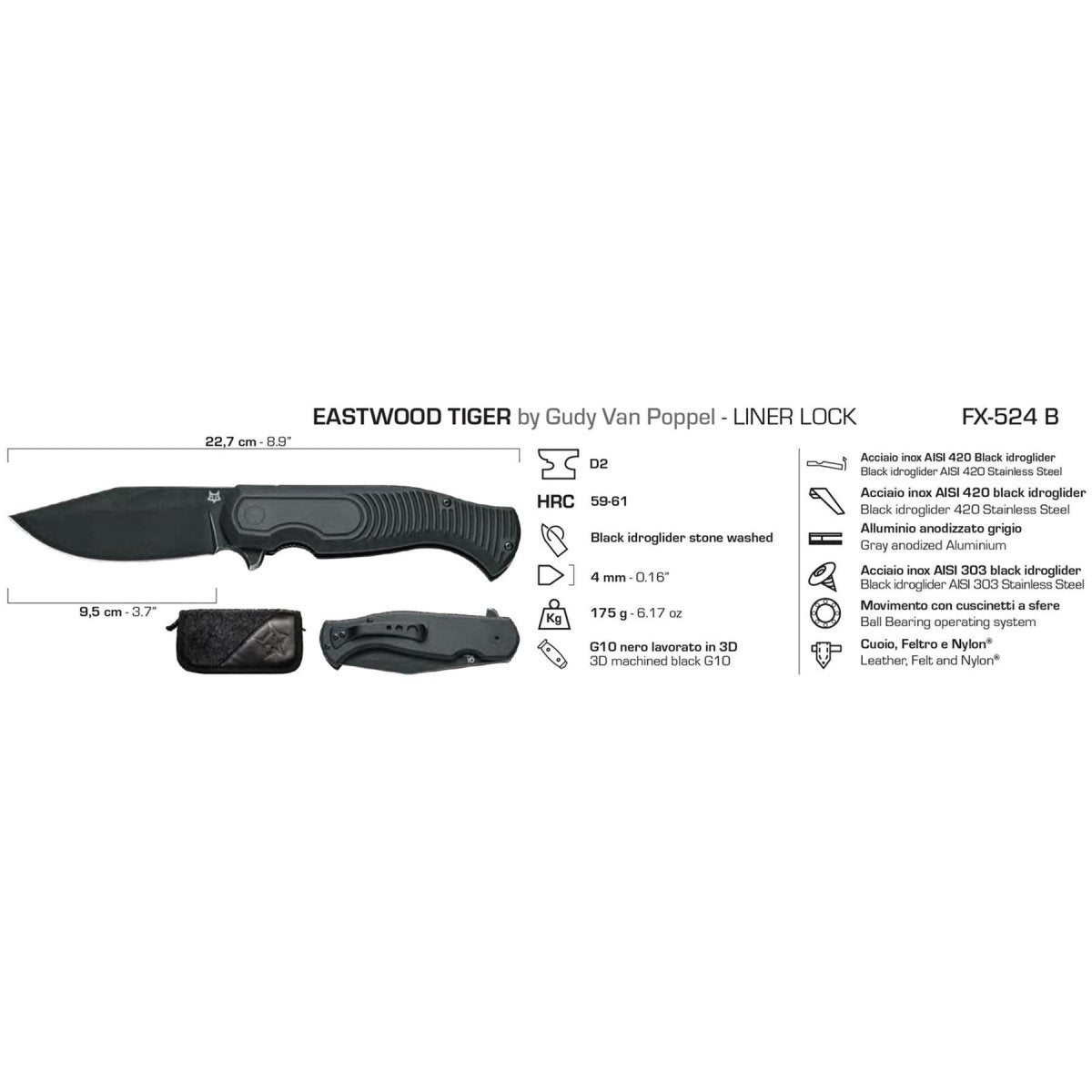 Fox Knives EASTWOOD TIGER Coltello tascabile ad alta velocità in acciaio D2 G10 nero tattico