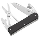 Fox Knives Vulpis multi tool knife with black handle and N690Co steel blade featuring scissors, screwdriver, and bottle opener.