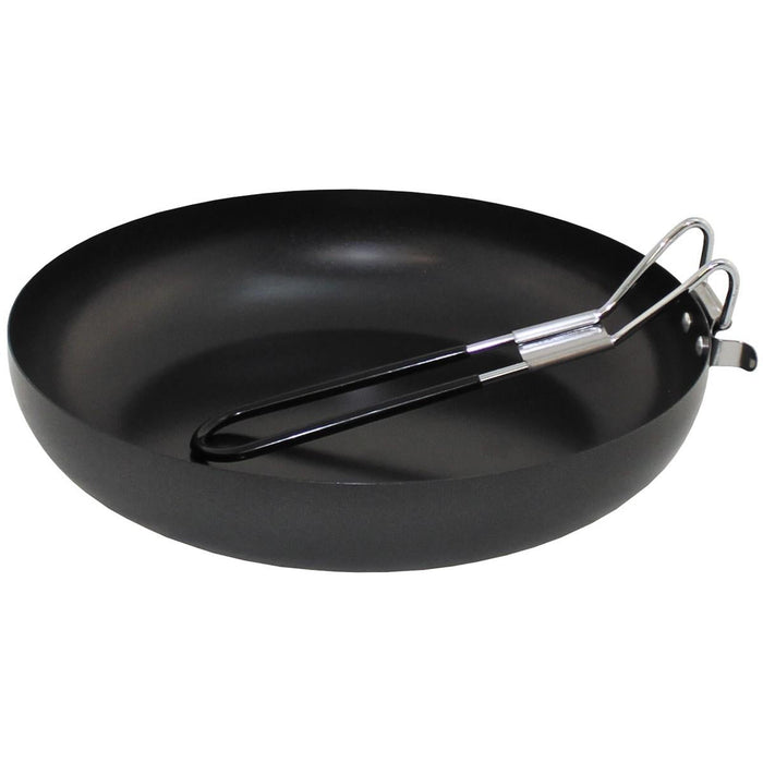 Fox Outdoor Padella in acciaio pieghevole con manico rivestito in gomma, coperchio smaltato Nero che mostra il manico piegato nell'immagine quadrata