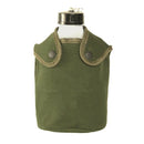 French Army style military canteen flask with olive drab pouch and secure button closures for outdoor use.