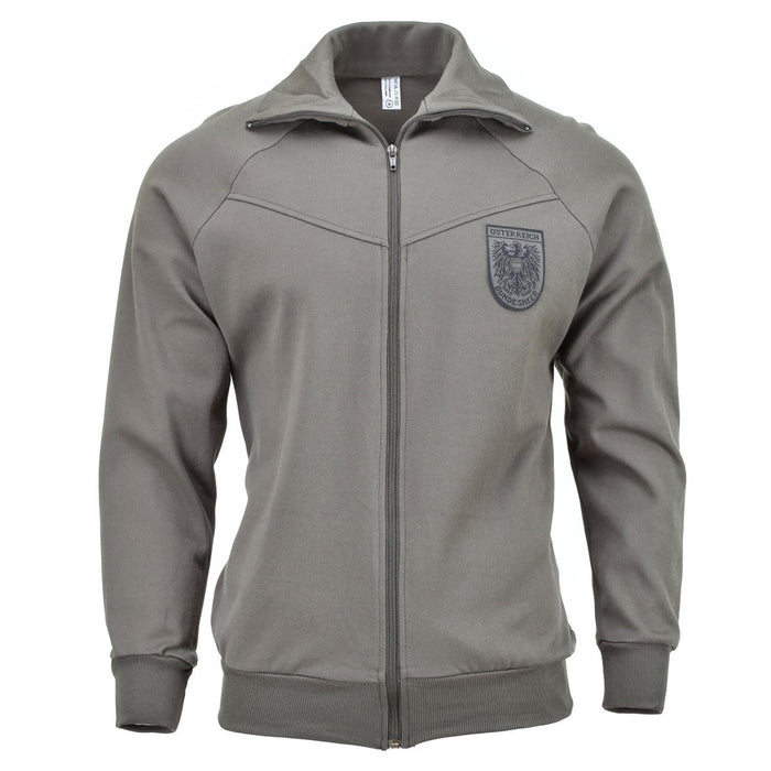 Giacca sportiva grigia autentica dell'esercito austriaco con zip intera e toppa con stemmi militari sul petto, giacca sportiva in stile vintage.
