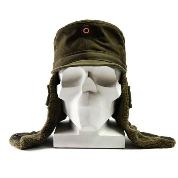 Genuine Austrian Army olive winter cap with insignia badge and faux fur ear flaps on white mannequin head