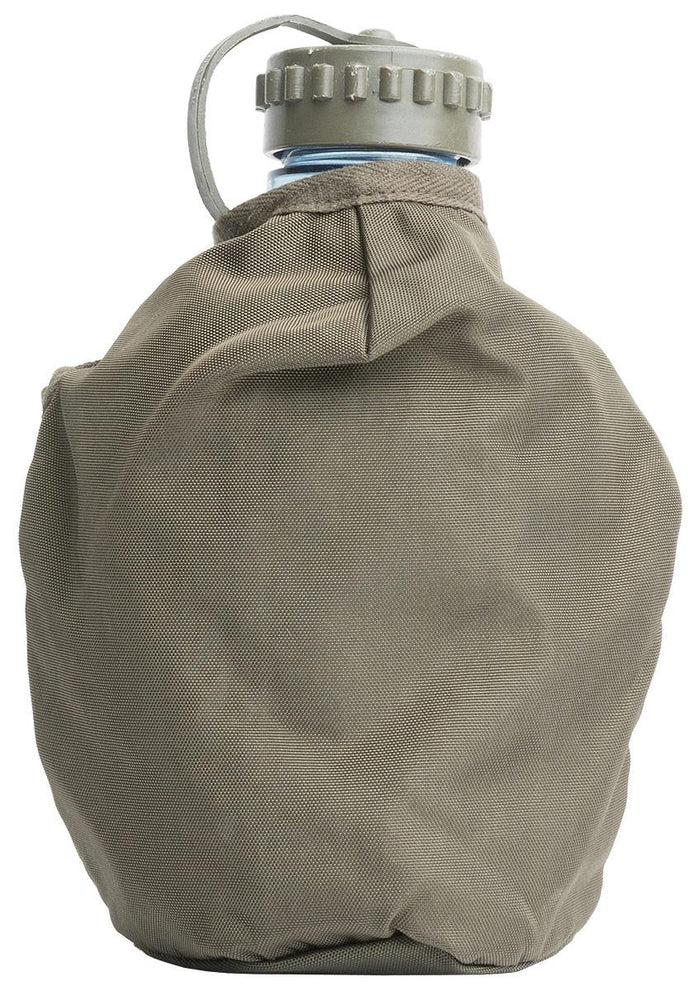 Borraccia in plastica autentica dell'esercito austriaco con custodia OD e bottiglia d'acqua trasparente per uso militare e all'aperto.