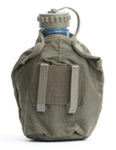 Genuine Austrian Army plastic water bottle in OD green pouch with belt attachments for outdoor and military use.