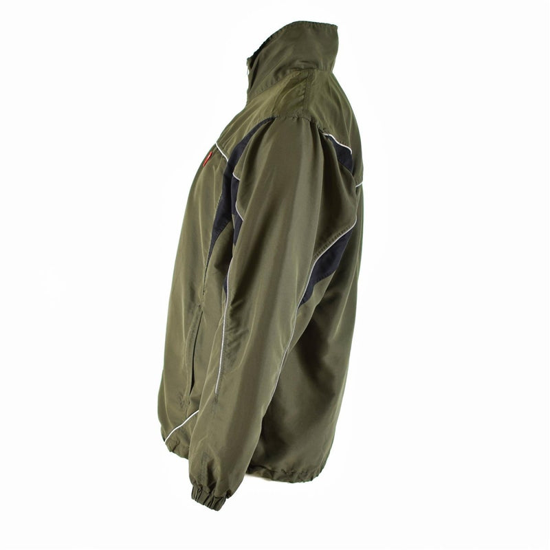 Side view of genuine Austrian army training tracksuit jacket in vintage olive drab green with elastic cuffs and high neck collar
