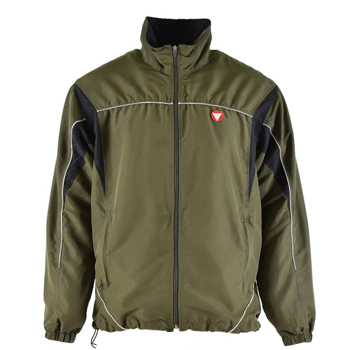Giacca da allenamento verde oliva autentica dell'esercito austriaco con cerniera completa, collo alto, polsini elastici e tasche laterali.