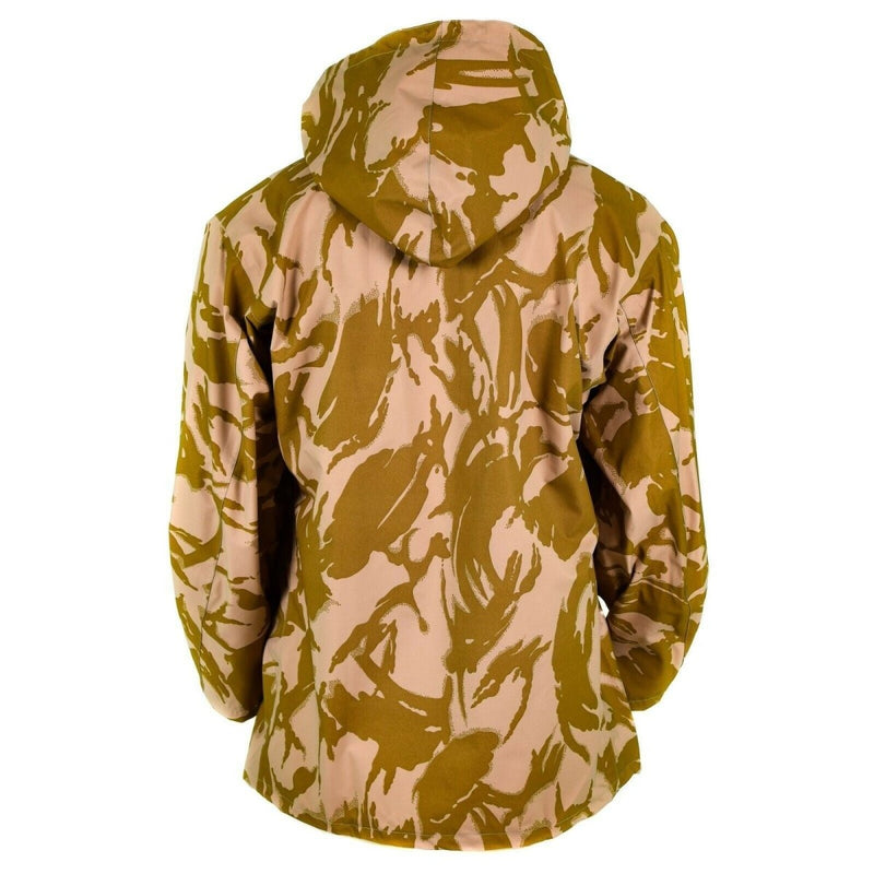 Back view of British Army desert camo MVP Goretex waterproof combat jacket with hood and camouflage pattern