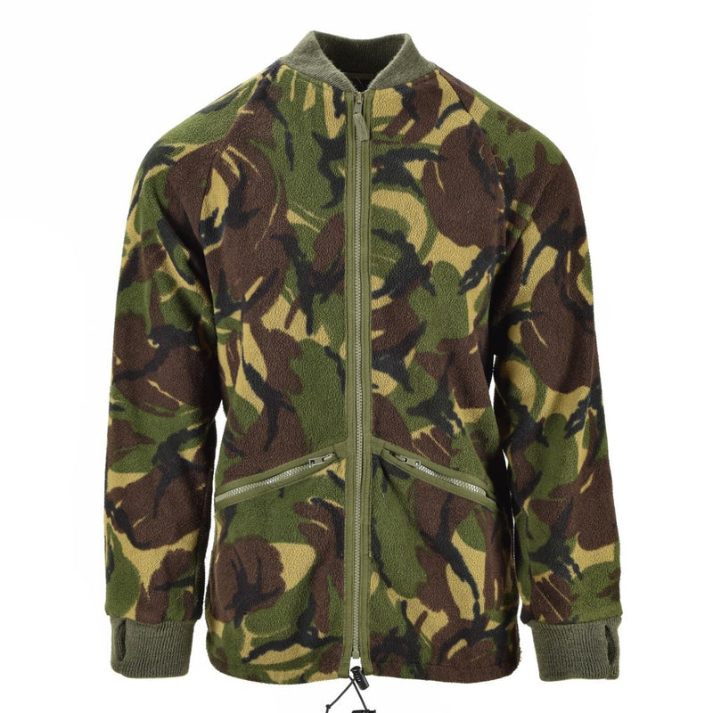 British Military Cardigan Thermal Fleece Jacket in DPM camo with zip-up, rib-knit cuffs, collar, and adjustable hemline