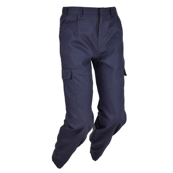 Pantaloni cargo da lavoro in surplus militare blu autentico britannico ISS con tasche sicure e design a gamba dritta.