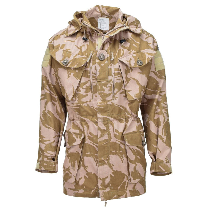 British military smock jacket with desert camouflage, flame resistant, windproof, hooded parka for rugged conditions.