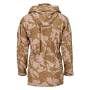 Back view of British military smock jacket in desert camouflage with hood, windproof and flame-resistant parka design