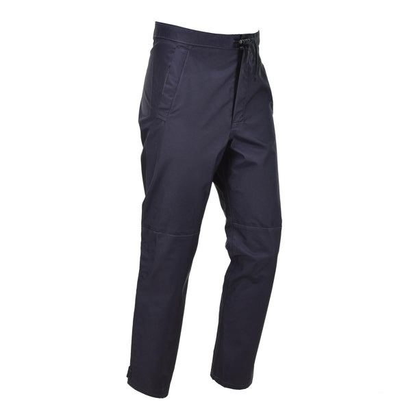 Genuine British police waterproof rain trousers in blue, designed for outdoor wet weather protection and durability.
