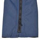 Close-up of blue waterproof British RAF MVP trousers showing a durable zipper and fabric detail