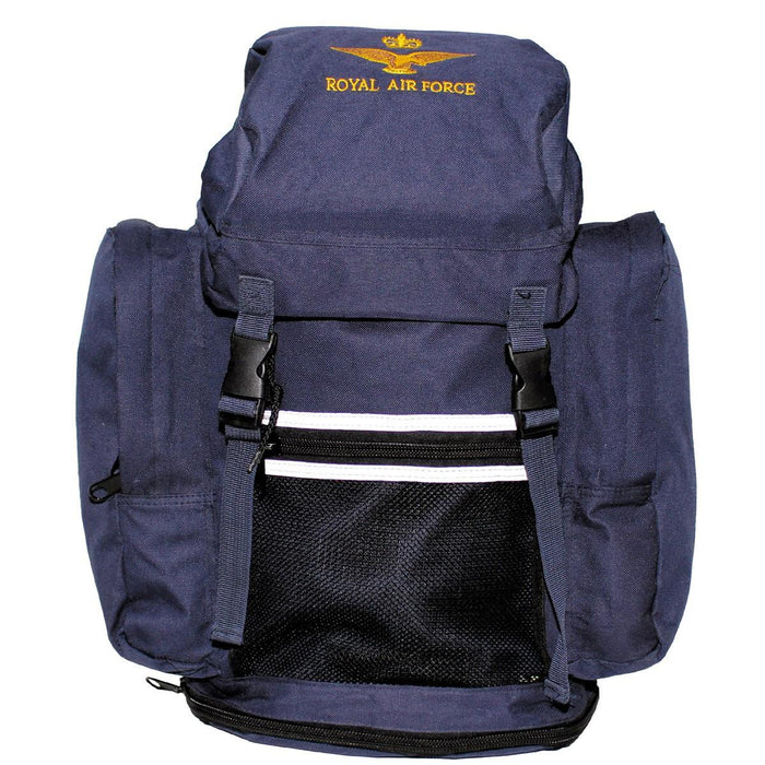 Zaino blu della Royal Air Force britannica con stemmi ricamati, tela resistente, tasche multiple e spallacci regolabili.