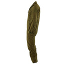 Side view of genuine British Royal Air Forces olive green military surplus coverall jumpsuit with zipper closure and adjustable cuffs