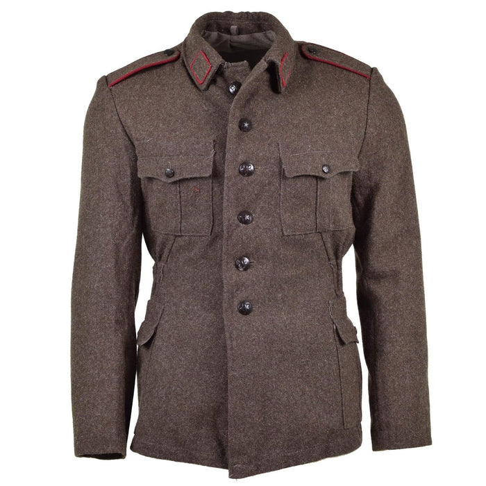 Giacca vintage in lana dell'esercito bulgaro in grigio-marrone con design militare, chiusura con bottoni e tasche multiple per una maggiore durata.