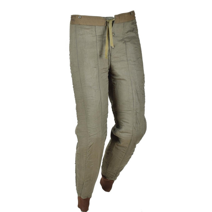 Pantaloni con fodera termica genuina dell'esercito ceco M60 con fondo elasticizzato, design surplus militare vintage in colore verde oliva.