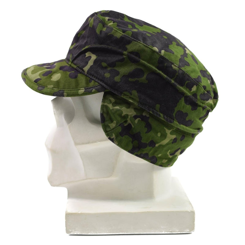Danish Army M84 Flecktarn camouflage field cap with sun brim and ear protection, shown on white mannequin head.
