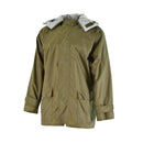 Genuine Danish army olive drab waterproof rain jacket with hood, adjustable cuffs, and front pockets for wet weather protection