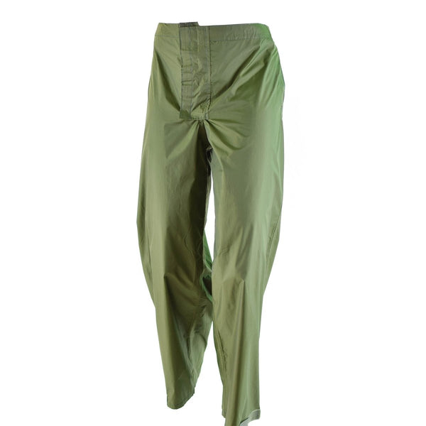 Vintage genuine Danish army olive waterproof rain trousers made of durable lightweight polyamide fabric