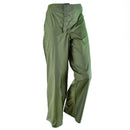 Vintage genuine Danish army olive waterproof rain trousers with hook and loop closure, made from durable polyamide fabric.