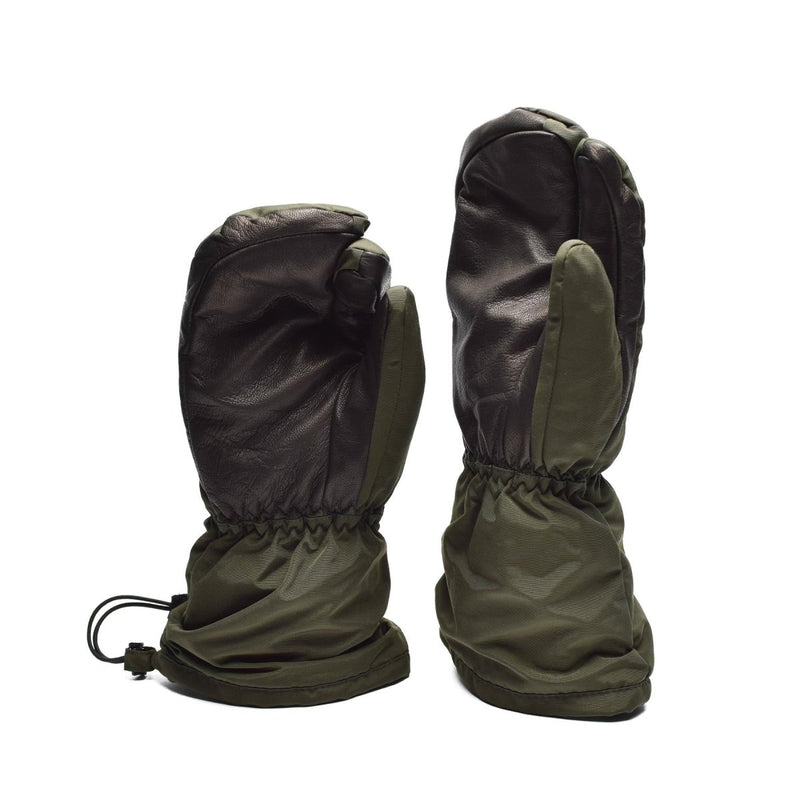 Genuine Danish army trigger finger mittens in olive drab with leather palms and adjustable cuffs for cold weather shooting.