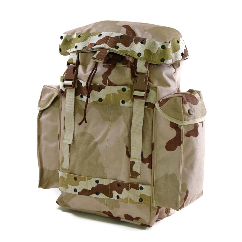 Genuine Dutch Army 35L desert camo combat backpack with multiple pockets, adjustable straps, and durable waterproof design