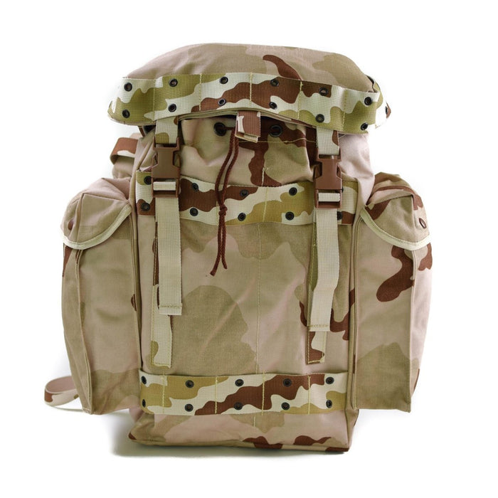 Zaino tattico mimetico desertico autentico dell'esercito olandese da 35 litri con spallacci regolabili, tasche laterali e fibbie a sgancio rapido.