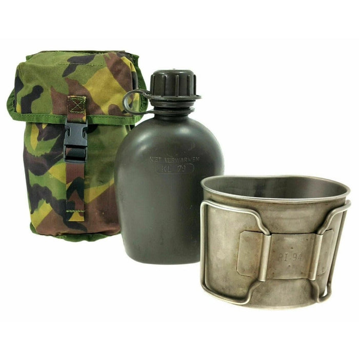 Borraccia autentica dell'esercito olandese con custodia mimetica DPM e tazza in acciaio inossidabile MOLLE compatibile per uso esterno
