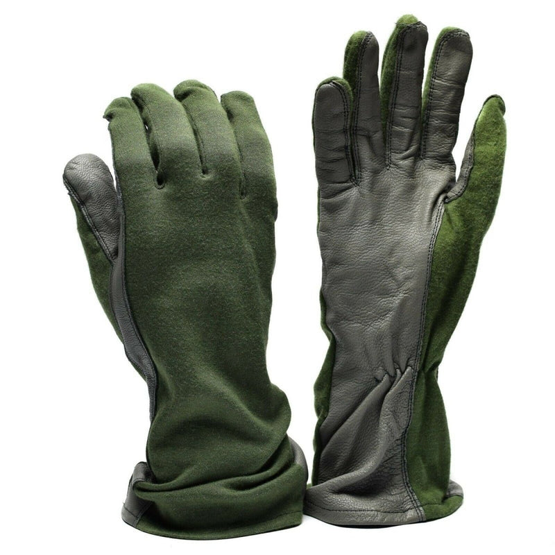 Genuine Dutch Army combat gloves in olive green with leather palms and aramid fiber for durability and fire resistance.