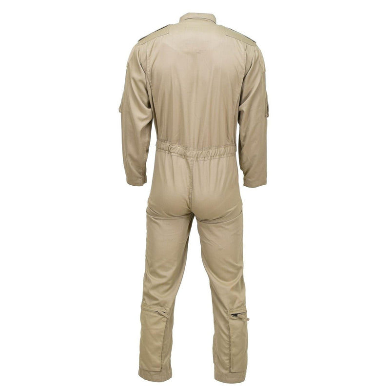Back view of khaki Dutch army flame-resistant aramid jumpsuit with long sleeves and zippered pockets