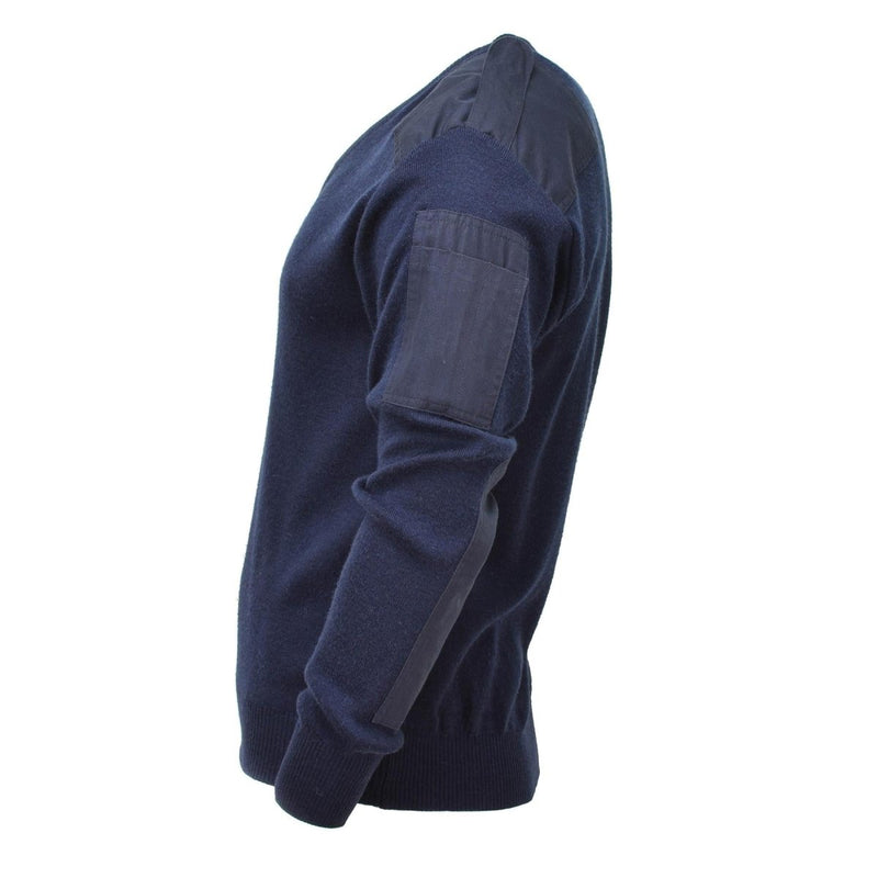 Side view of dark blue Genuine Dutch Army V-neck rib knit military surplus sweater jumper