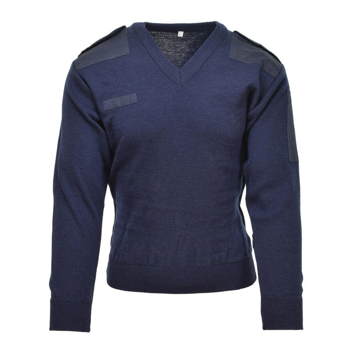 Maglione pullover con scollo a V in maglia a coste blu scuro autentico dell'esercito olandese con toppe sulle spalle e design in surplus militare.