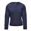 Genuine Dutch Army dark blue rib knit V-neck pullover sweater with shoulder patches and military surplus design.