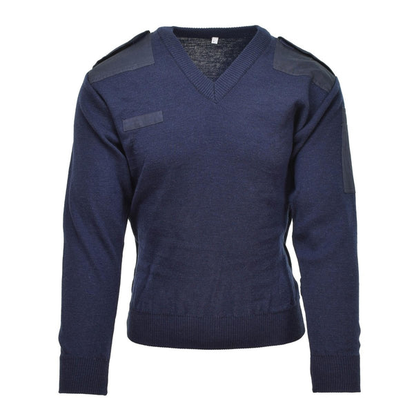 Genuine Dutch Army dark blue rib knit V-neck pullover sweater with shoulder patches and military surplus design.