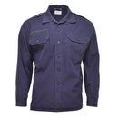 Navy blue Dutch army long sleeve shirt with buttoned pockets, cuffs, and shoulder epaulets military surplus jacket.
