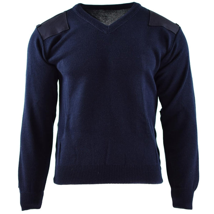 Maglione blu scuro autentico dell'esercito olandese con spalle e gomiti rinforzati, maglione militare con scollo a V per resistenza e comfort.