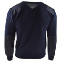 Dark blue genuine Dutch army sweater with reinforced shoulders and elbows, round neck military pullover back view.