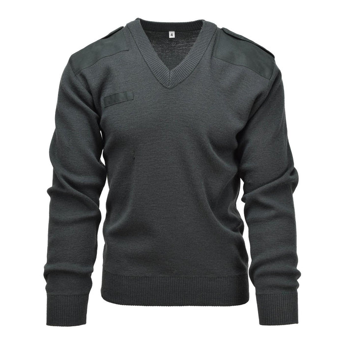 Maglione da commando verde scuro autentico dell'esercito olandese con scollo a V e toppe sulle spalle, maglione in stile militare