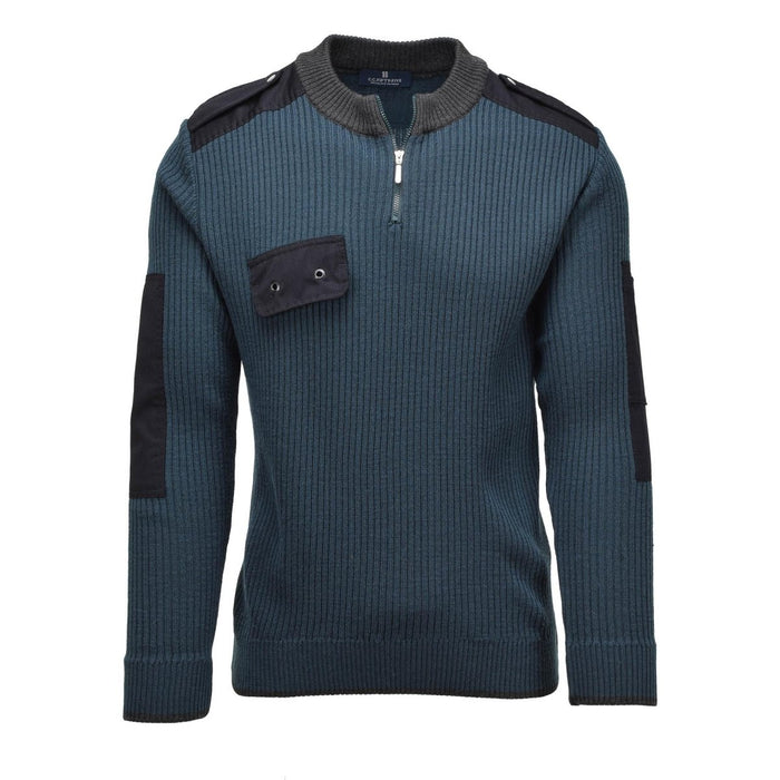 Maglione pullover blu in vera maglia militare olandese a coste con zip a un quarto e gomiti rinforzati per la stagione fredda.