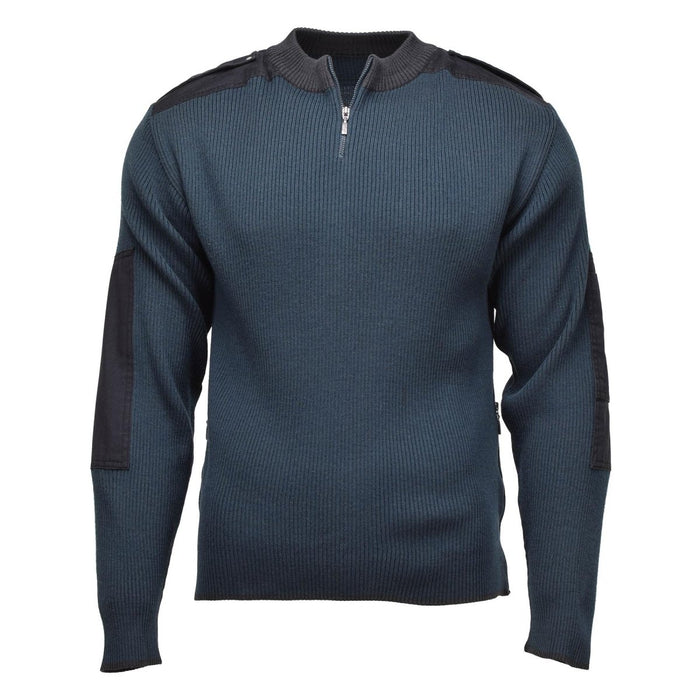 Maglione pullover troyer blu in autentico surplus militare olandese con zip a un quarto e toppe rinforzate sui gomiti.