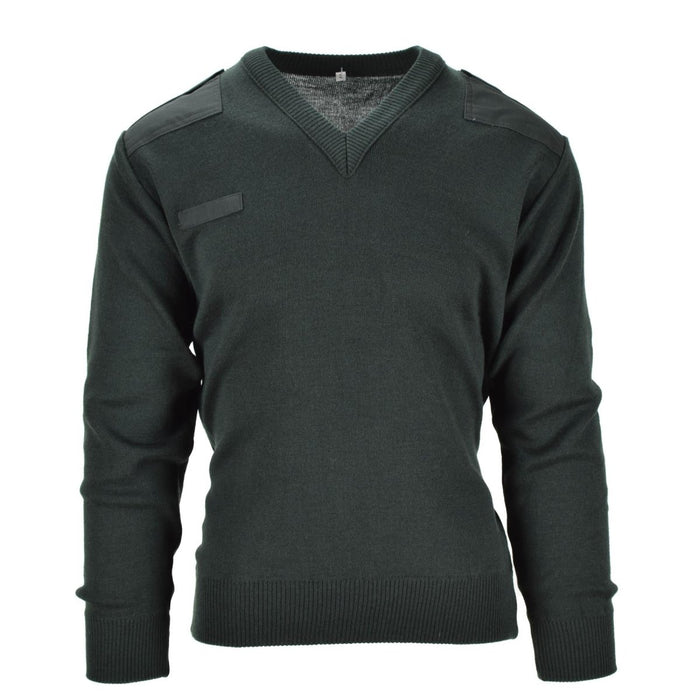 Maglione pullover da commando dell'esercito olandese verde scuro con scollo a V e toppe rinforzate su spalle e gomiti.