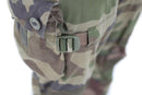 Close-up of durable French army combat pants in CCE camouflage with adjustable strap and buttoned pocket detail