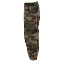 Side view of genuine French Army FELIN CCE camo combat pants with ripstop fabric and adjustable waist and cuffs.