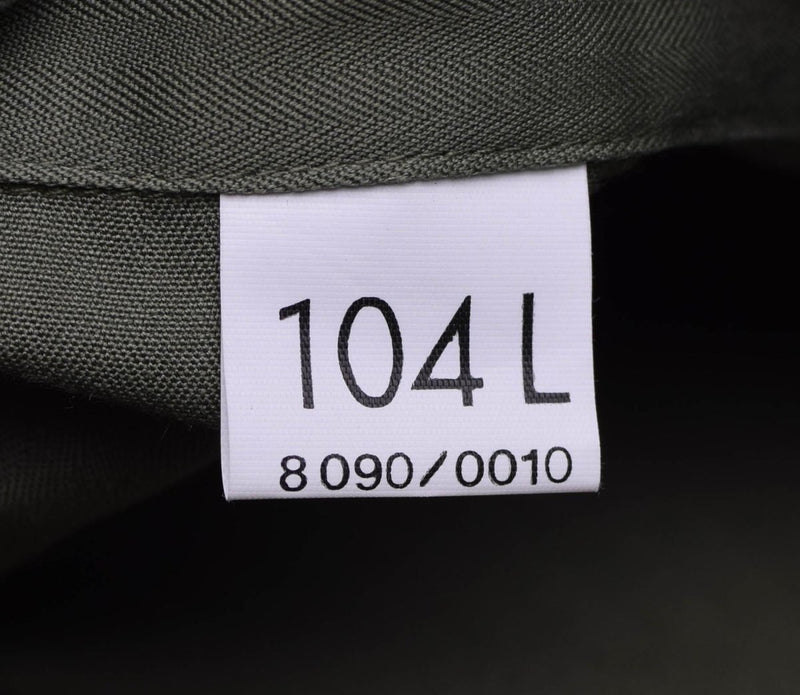 Close-up of size tag 104L on olive green Genuine French Army F2 combat jacket military surplus shirt