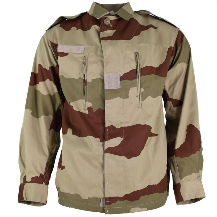 Giacca mimetica del deserto F2 dell'esercito francese con tasche sul petto con cerniera e spalline, design durevole in surplus militare