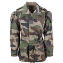 Authentic French army parka T4 combat jacket with CCE camo, multiple pockets, durable cotton blend for tropical weather.