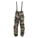 French Army waterproof rain pants with trilaminate material and adjustable braces in CCE camo pattern, new condition