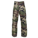 Genuine French Army waterproof trilaminate rain pants with CCE camo pattern and adjustable braces for secure fit